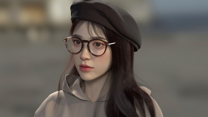 Artwork of a woman with long hair and glasses