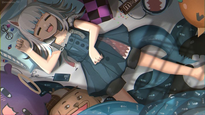 Gawr Gura from Hololive sleeping with stuffed animals