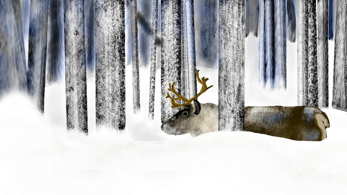 Reindeer in a snowy forest, digital art
