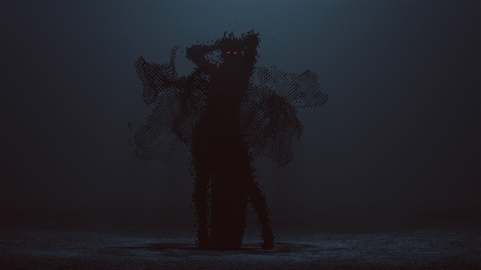 Abstract 3D render of a shadowy figure with red eyes
