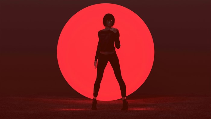 Woman with glowing eyes in front of a red circle