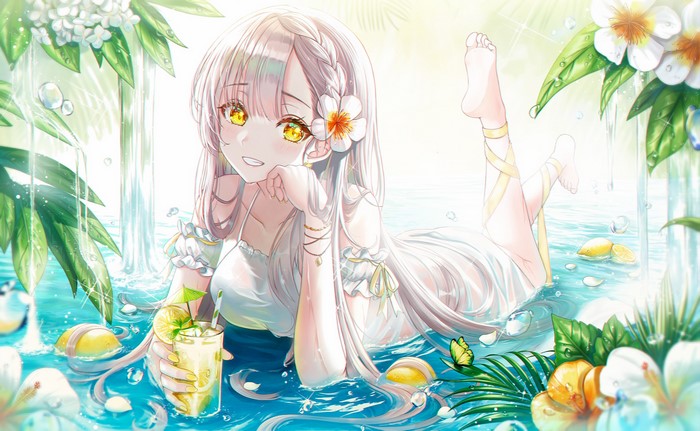 Anime Girl with Silver Hair in Water with Drink