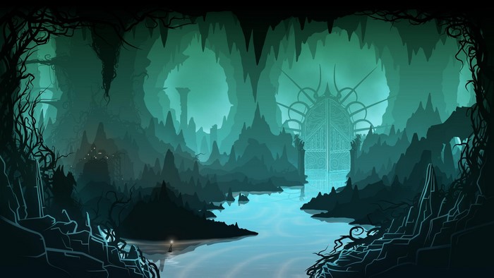 Cave landscape with glowing gate and river