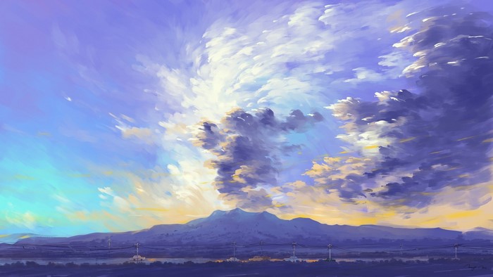 Digital painting of clouds over mountains at sunset
