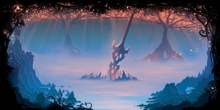 Fantasy landscape with sword and trees