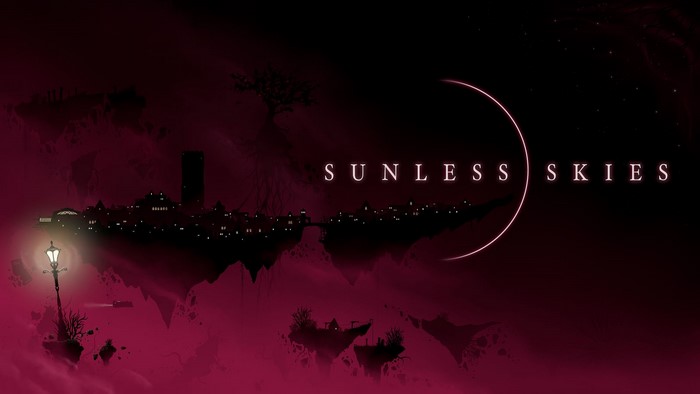 Sunless Skies game title with crescent moon and city silhouette