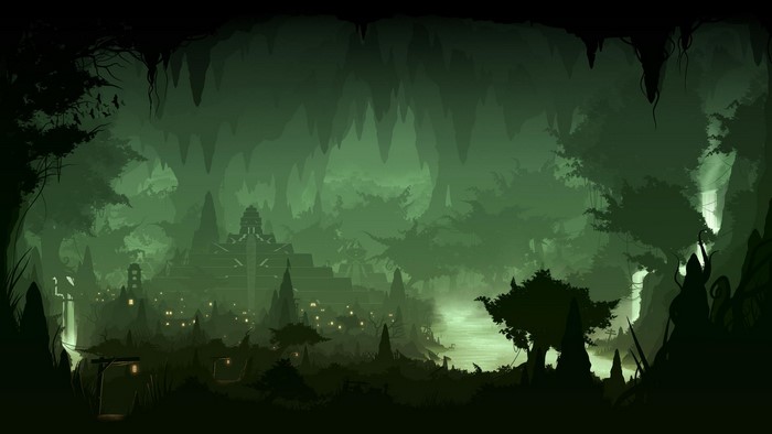 Mysterious cave city with ancient architecture and glowing lights