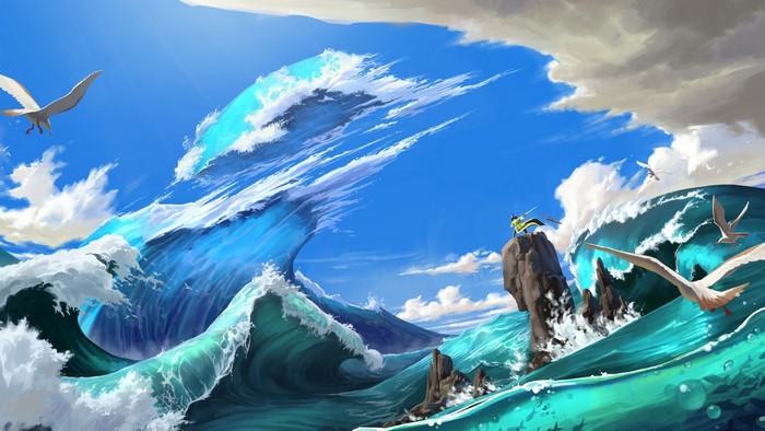 Fantasy art of a person on a rock surrounded by giant waves and seagulls