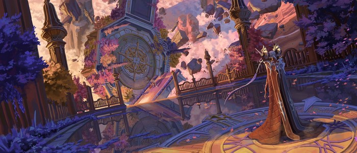 Fantasy art of a floating city with a figure in a robe