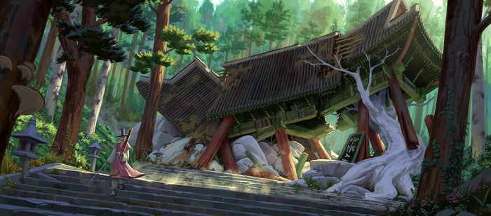 Ruined temple in a forest with a person holding a sword