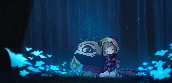 Sayu from Genshin Impact sleeping in a forest