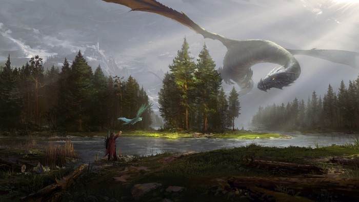 Dragon flying over a forest and river with a person and bird