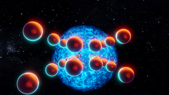 Abstract 3D render of a blue star and red planets
