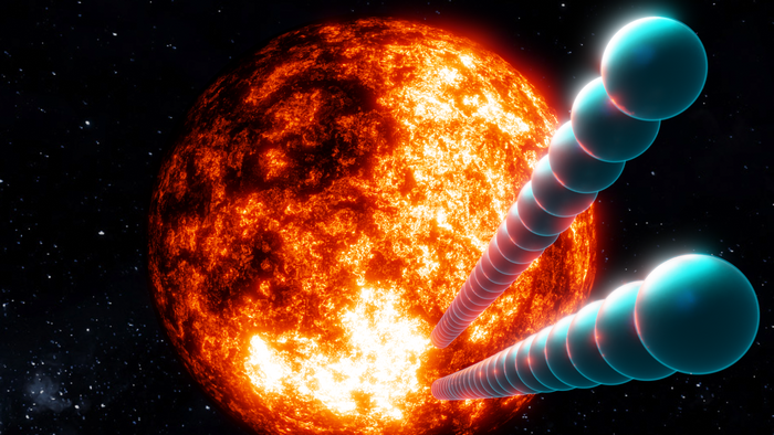 Abstract 3D render of a red sun with spheres