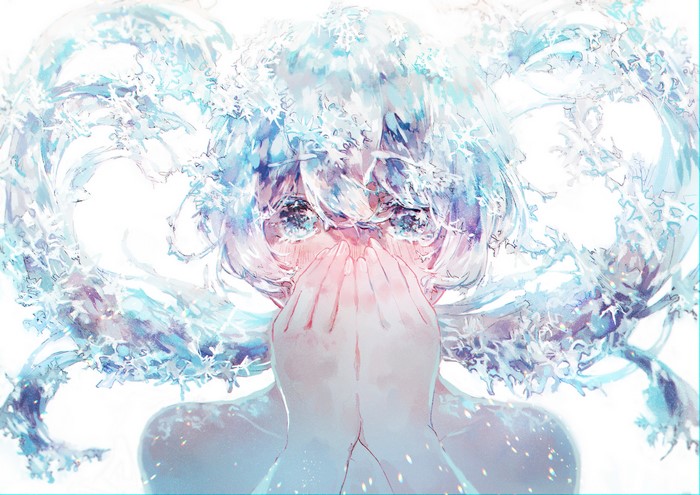 Anime girl with snowflakes and water drops