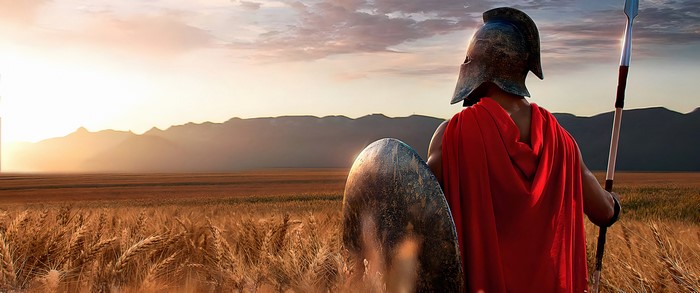Spartan warrior with shield and spear in wheat field at sunset