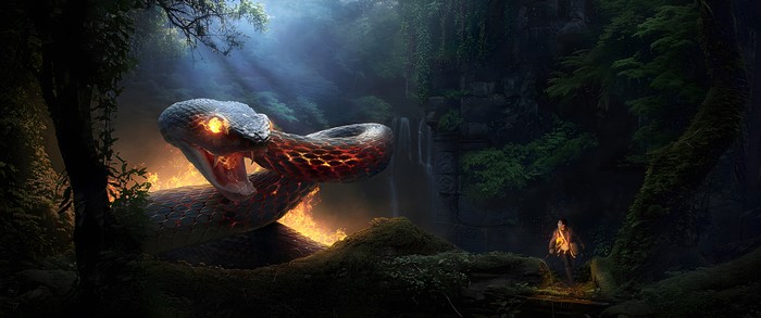Giant fiery snake confronts a man with a torch in a jungle