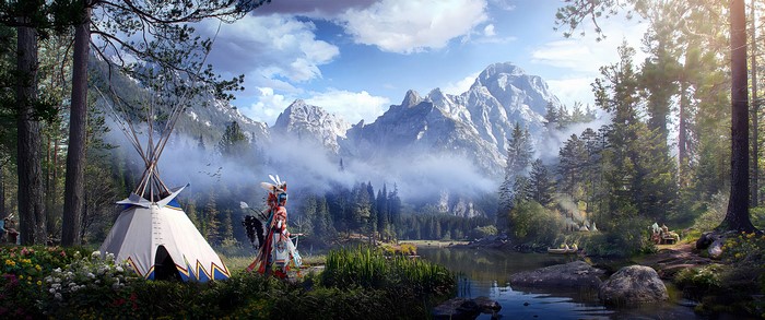 Native American village by a lake with mountains