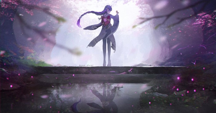 Raiden Shogun from Genshin Impact in a serene setting
