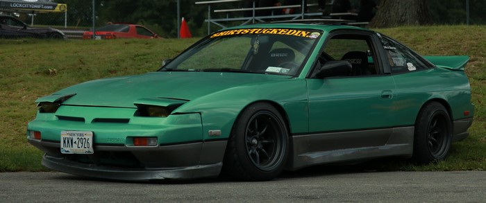 Green Nissan 240SX drift car with New York license plate
