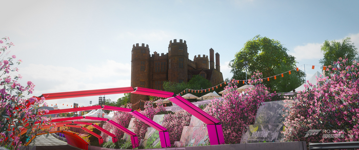 Forza Horizon 4 festival with castle and cherry blossoms