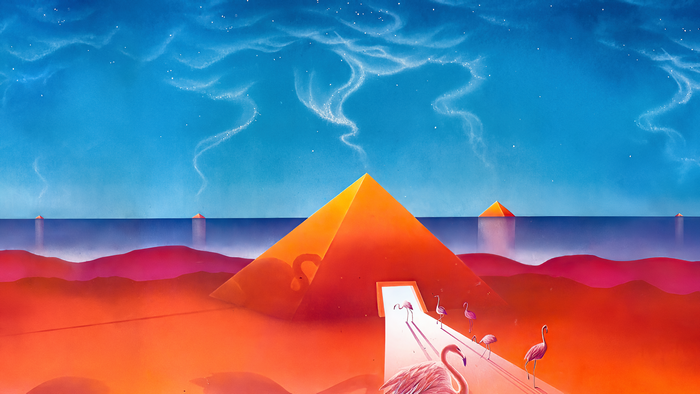 Flamingos and pyramids in a surreal landscape
