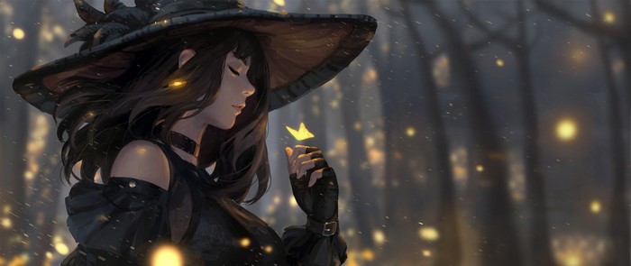 Witch with a butterfly in a forest