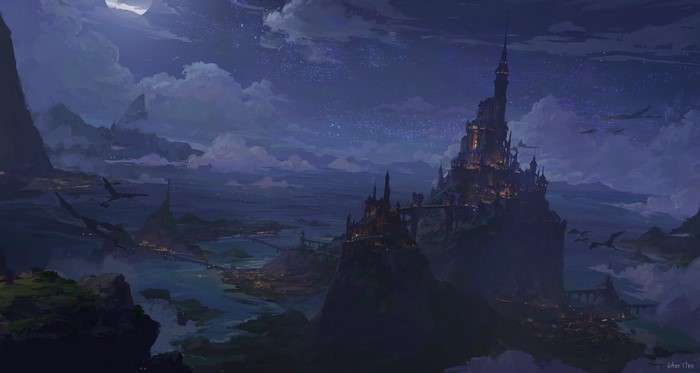 Fantasy castle at night with flying creatures