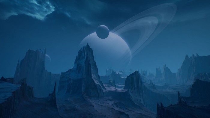 Alien planet landscape with ringed planet and moon