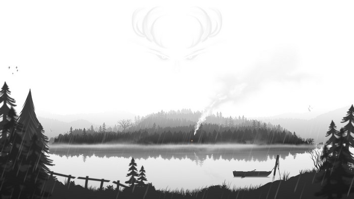 Misty lake with forest and a boat, fantasy art