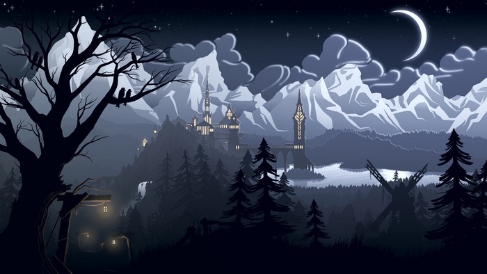Fantasy castle in mountains at night with moon and windmill