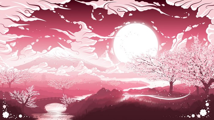 Cherry blossoms and Mount Fuji under a large moon