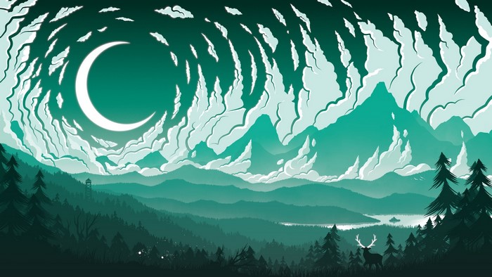 Minimalist landscape with crescent moon, mountains, and deer