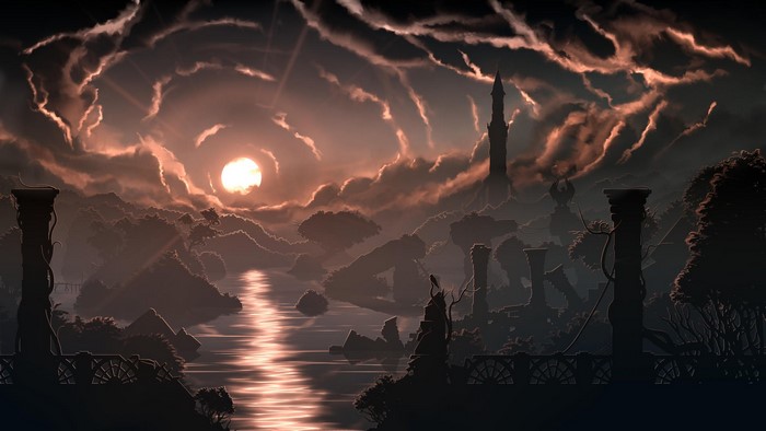 Ruined landscape with river and sunrise