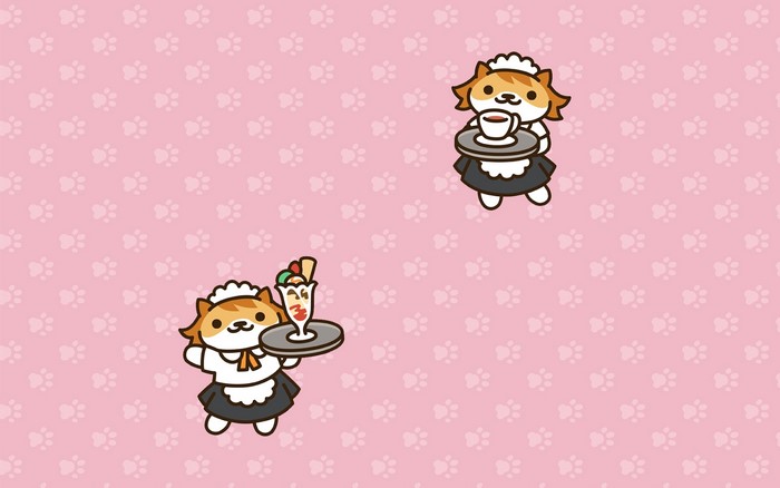 Cats dressed as waitresses serving drinks and desserts