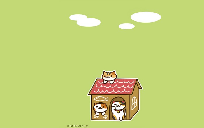 Neko Atsume cats in a house with clouds