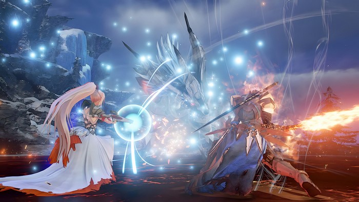 Shionne and Alphen fighting a dragon in Tales of Arise