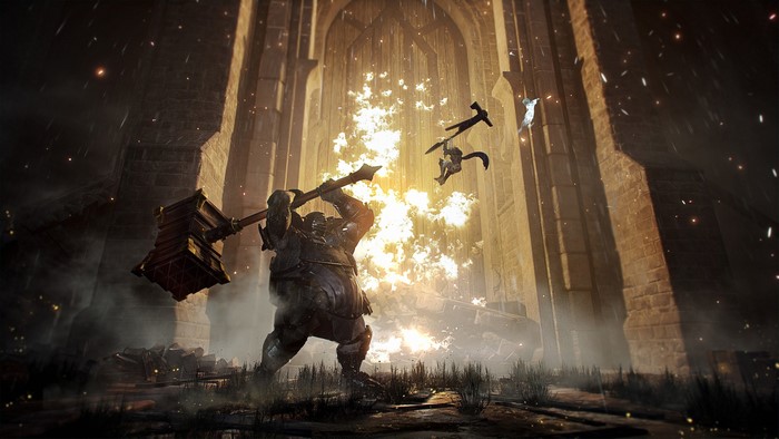 4K Soulstice: A large warrior swings a hammer at a fiery explosion with figures in the air.