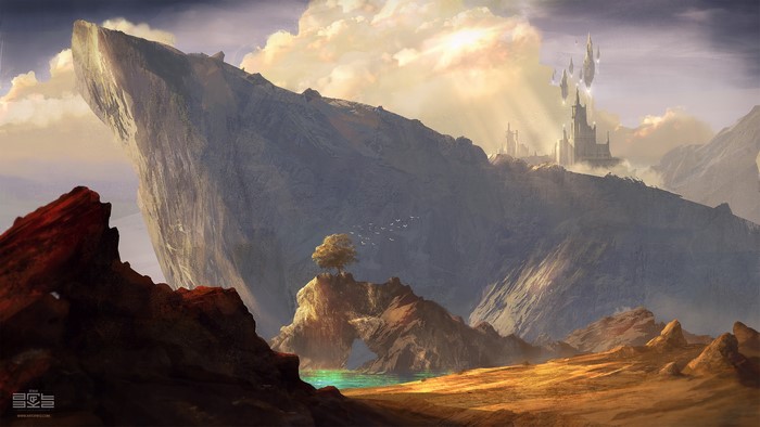 Fantasy castle on a cliff overlooking a lake