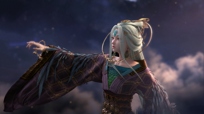 Asian woman with long hair and elaborate outfit