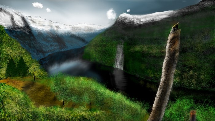 Digital painting of a mountain landscape with a lake and waterfall