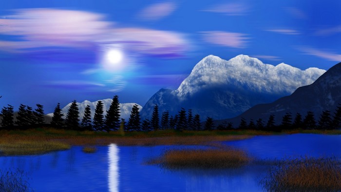 Digital painting of a mountain landscape with a lake