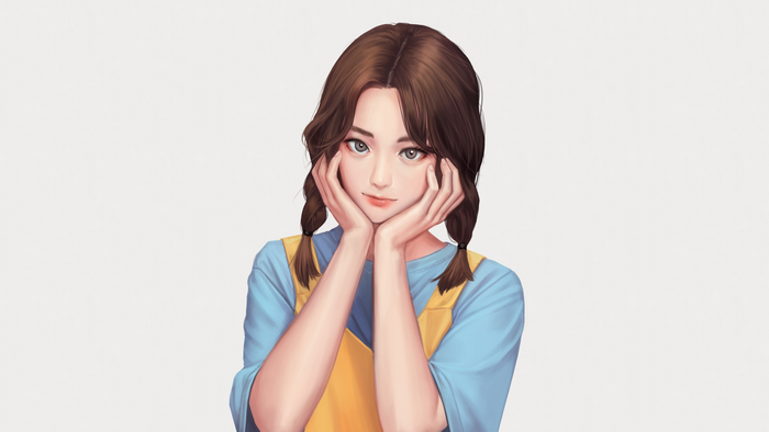 Girl with pigtails in a blue T-shirt and yellow overalls