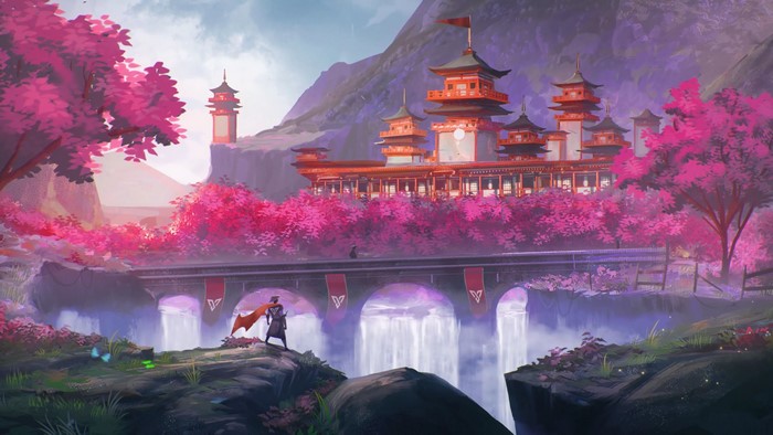 Samurai near a Japanese temple with sakura trees