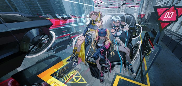 Anime girls from Nijisanji sitting in a cyberpunk city