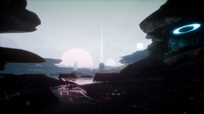 Alien landscape with glowing structures and large celestial bodies