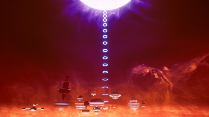 Futuristic city floating in a nebula with a bright star