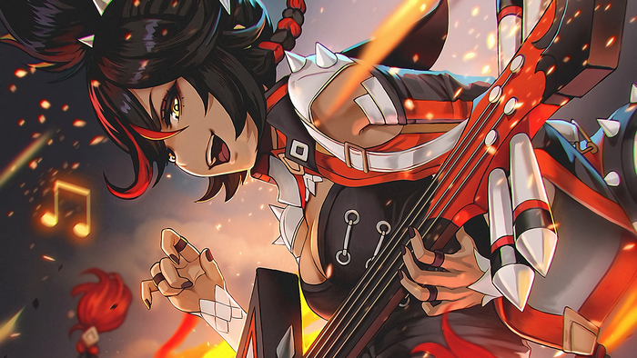 Xinyan from Genshin Impact playing a guitar