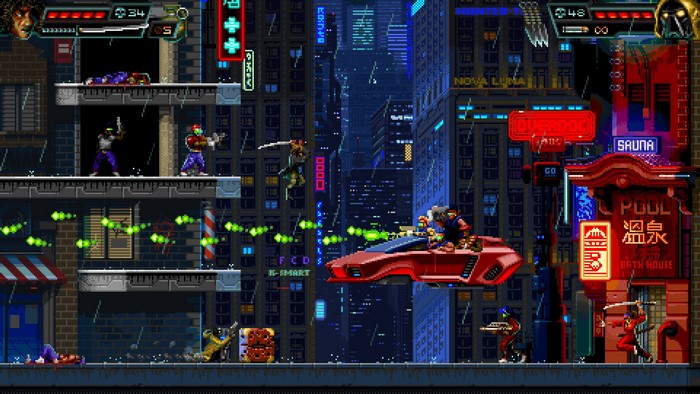 Cyberpunk 2D platformer with characters and hovercar