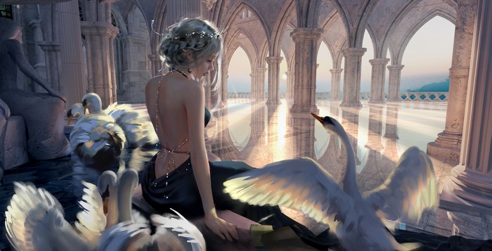 Fantasy Art of WLOP's Princess with Swans